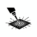 A black and white graphic shows a laser cutting head emitting a beam onto a square metal sheet with radiating spark lines.