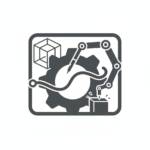 An icon featuring a robotic arm assembling a small block in front of a gear and a wireframe cube.